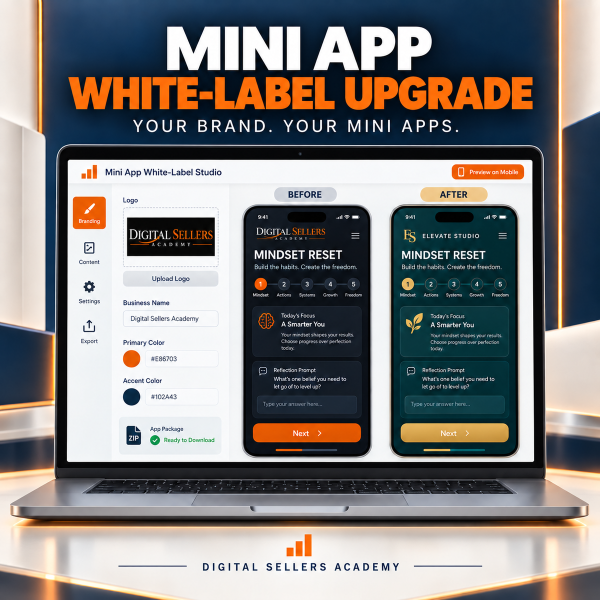 Mini App White-Label Upgrade showing the official DSA logo before white-labeling and a customer logo after